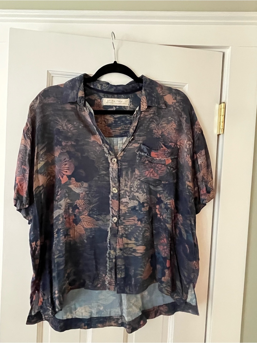 We The Free Navy Floral Button-Up Top with Coral Accents